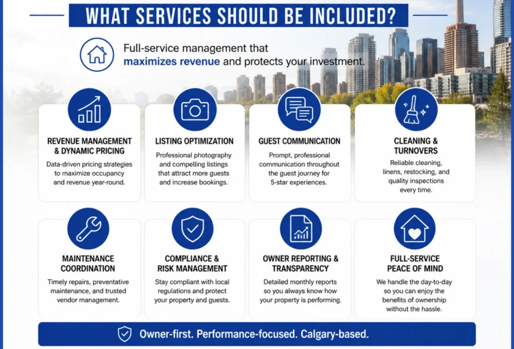 Calgary Airbnb property management services including revenue management, guest communication, cleaning, maintenance, and compliance.