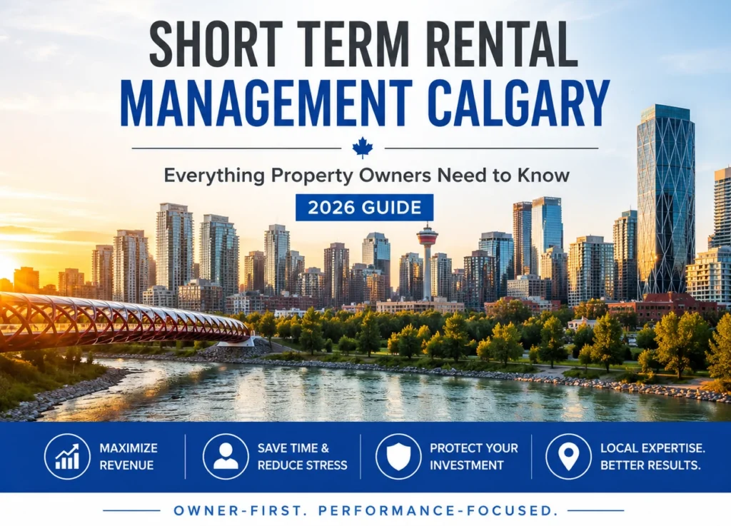 Short-term rental management Calgary guide highlighting property management services, Calgary skyline, and Bow River.